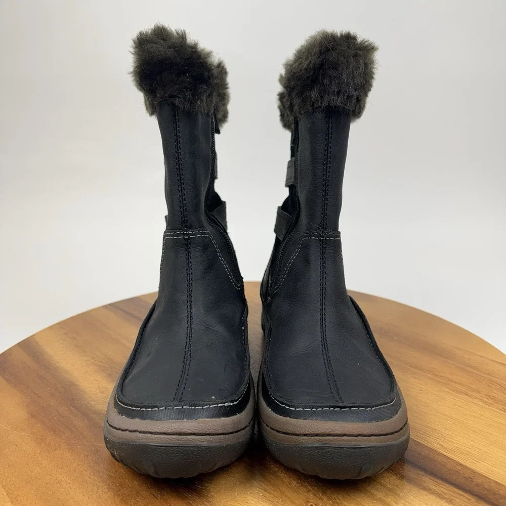 Womens Merrell Decora Chant Black Leather Mid Waterproof Faux Fur Boots Size 6 M